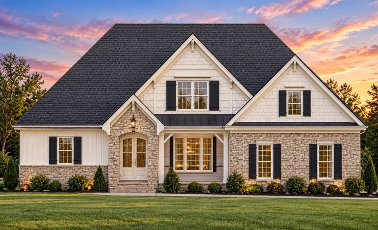 Southern House Plans 5 Front exterior of a Traditional Colonial style house featuring red brick facade, symmetrical windows, gabled rooflines, and classic shutters