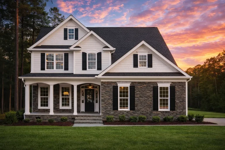 Front elevation of New American Colonial style house featuring stone veneer, horizontal siding, symmetrical windows, and covered front porch