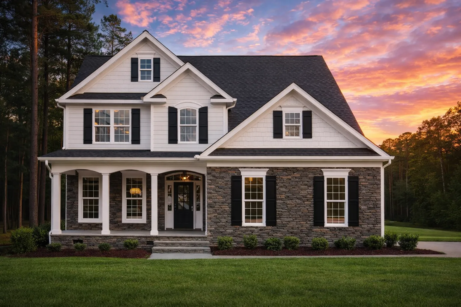 Front elevation of New American Colonial style house featuring stone veneer, horizontal siding, symmetrical windows, and covered front porch