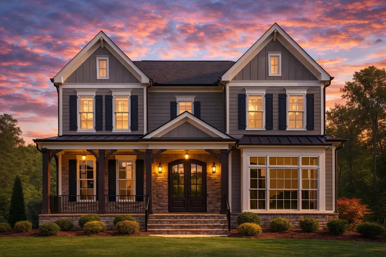 Front elevation of a Modern Farmhouse style home with brick exterior, horizontal lap siding, board and batten gables, black shutters, and covered front porch