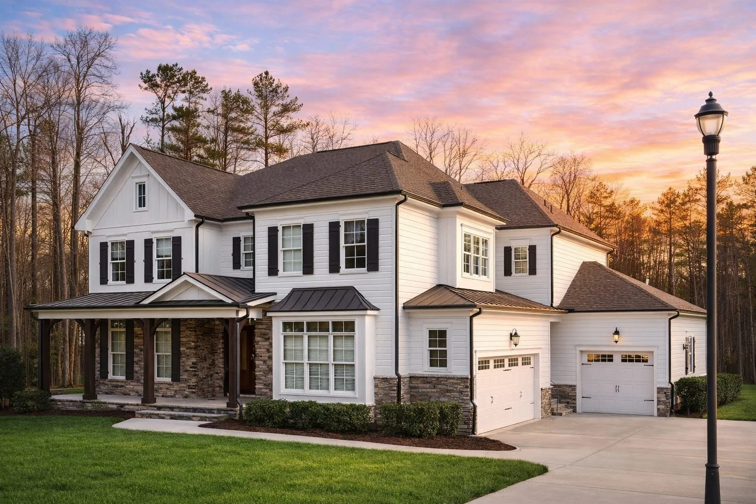 Front elevation of a New American (Modern Traditional) Transitional two-story home with stone veneer accents, horizontal lap siding, metal porch roof, and a covered front porch