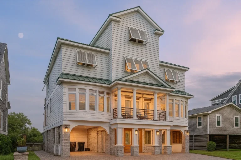 Front exterior view of a luxury coastal shingle style house with elevated foundation, wraparound porches, stone base, and classic seaside architectural detailing