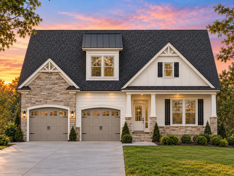 Front elevation of a Modern Farmhouse style home with board and batten siding, stone accents, steep gable roof, and welcoming entry porch