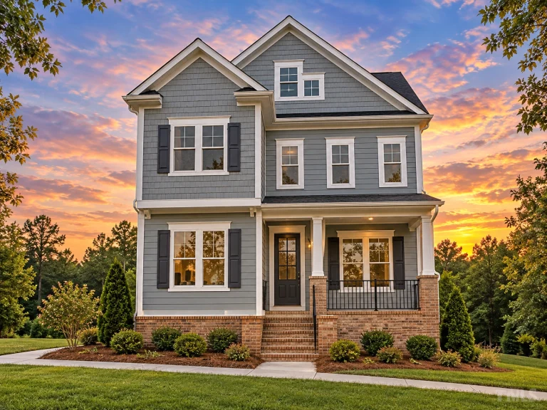 Front elevation of a Coastal Traditional style home featuring shingle accents, horizontal siding, brick foundation, and a covered front porch