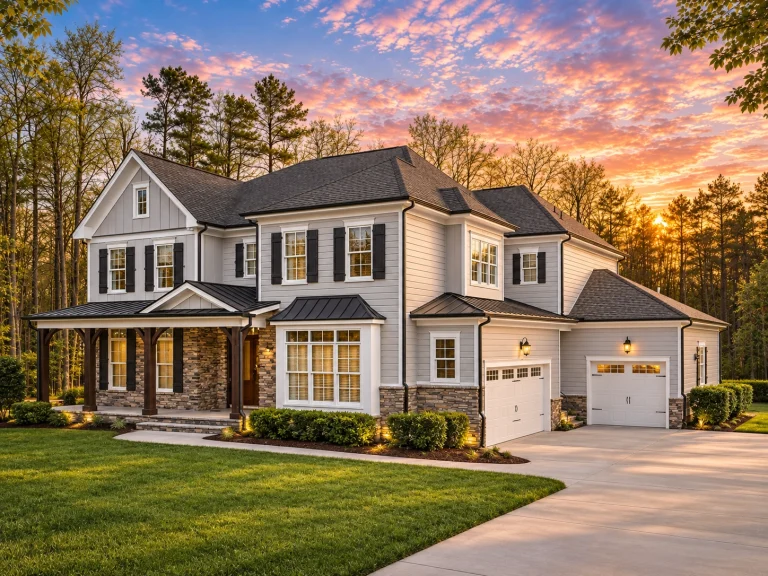 Front elevation of a New American (Modern Traditional) Transitional two-story home with stone veneer accents, horizontal lap siding, metal porch roof, and a covered front porch