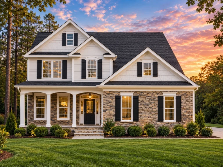 Front elevation of New American Colonial style house featuring stone veneer, horizontal siding, symmetrical windows, and covered front porch