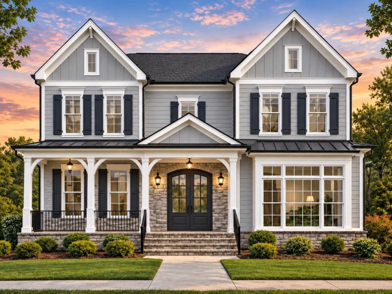Georgian House Plans 9 Front elevation of a Modern Farmhouse style home with brick exterior, horizontal lap siding, board and batten gables, black shutters, and covered front porch