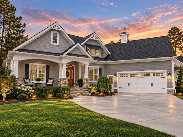 Best-Selling House Plans for Builders 2 Front exterior of a New American Traditional Suburban style home with horizontal lap siding, board-and-batten accents, covered front porch, and side-entry garage