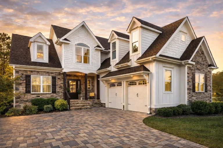 House Plans 23 Front elevation of a New American style home featuring board and batten siding, stone accents, steep gables, and a welcoming covered entry