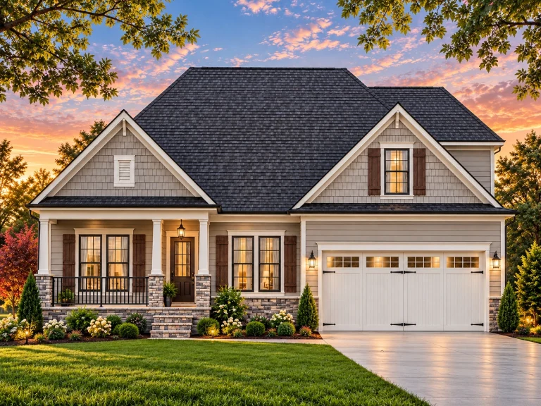 One Story House Plans 21 Front elevation of a Cape Cod style cottage home with horizontal siding, symmetrical windows, and a welcoming covered front porch