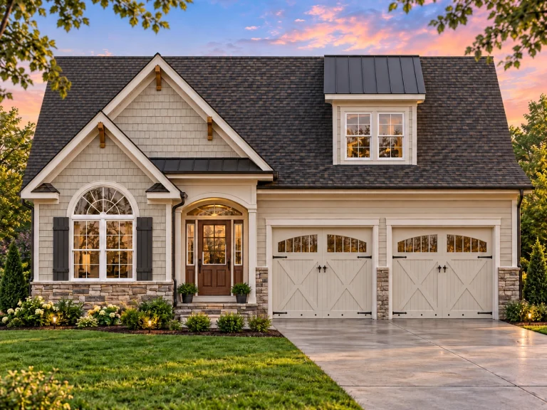 Modern Suburban House Plans 25 Front exterior view of a Traditional Suburban Craftsman style home featuring stone accents, shake siding, and a symmetrical gable roof