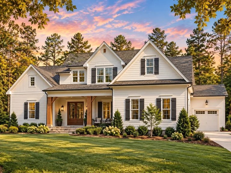 Front elevation of a Modern Farmhouse style home with white board and batten siding, lap siding accents, dark shutters, gabled rooflines, and a welcoming covered front porch