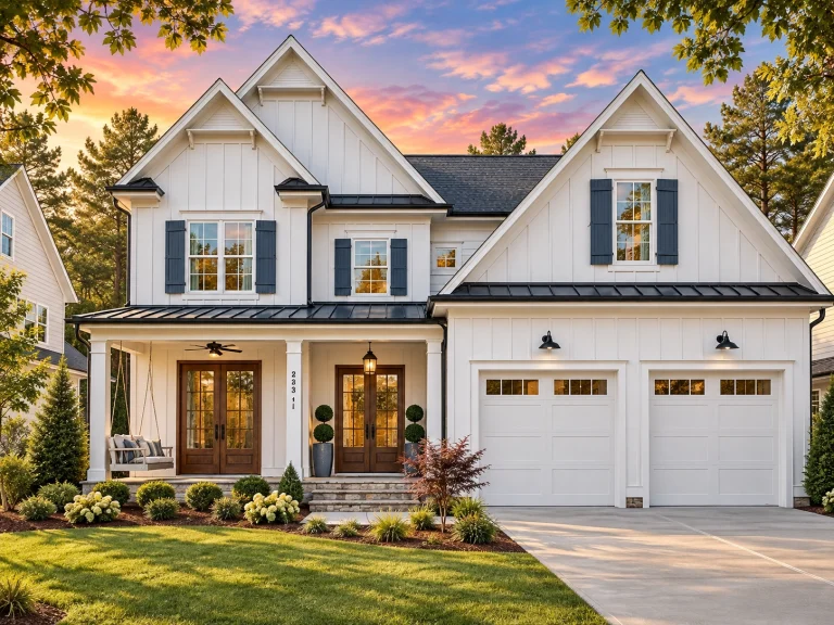 Best-Selling House Plans for Builders 16 Front elevation of a Modern Farmhouse and New American style home with white board and batten siding, metal porch roof, double garage, and symmetrical gabled rooflines