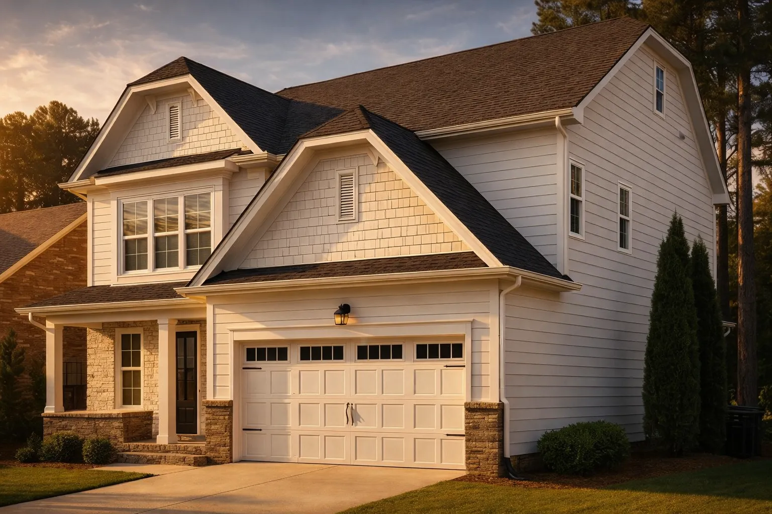 Front view of a Traditional Transitional style suburban home featuring horizontal lap siding, brick accents, and gable shingle details above a two-car garage.