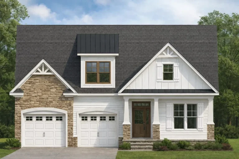 Front elevation of a Modern Farmhouse style home with board and batten siding, stone accents, steep gable roof, and welcoming entry porch