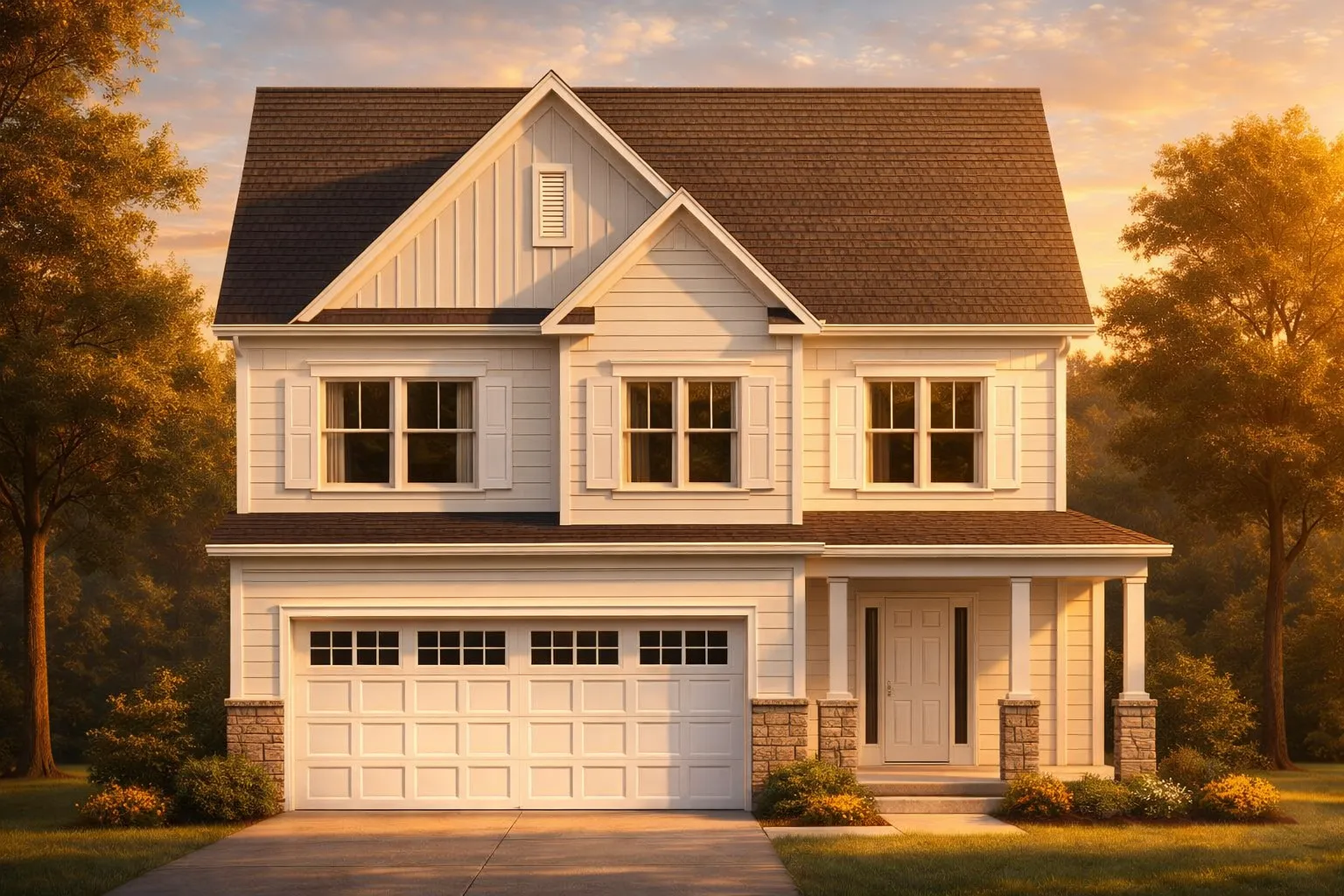 Front elevation of Traditional Colonial style home with white horizontal lap siding, shutters, covered porch, and two-car garage