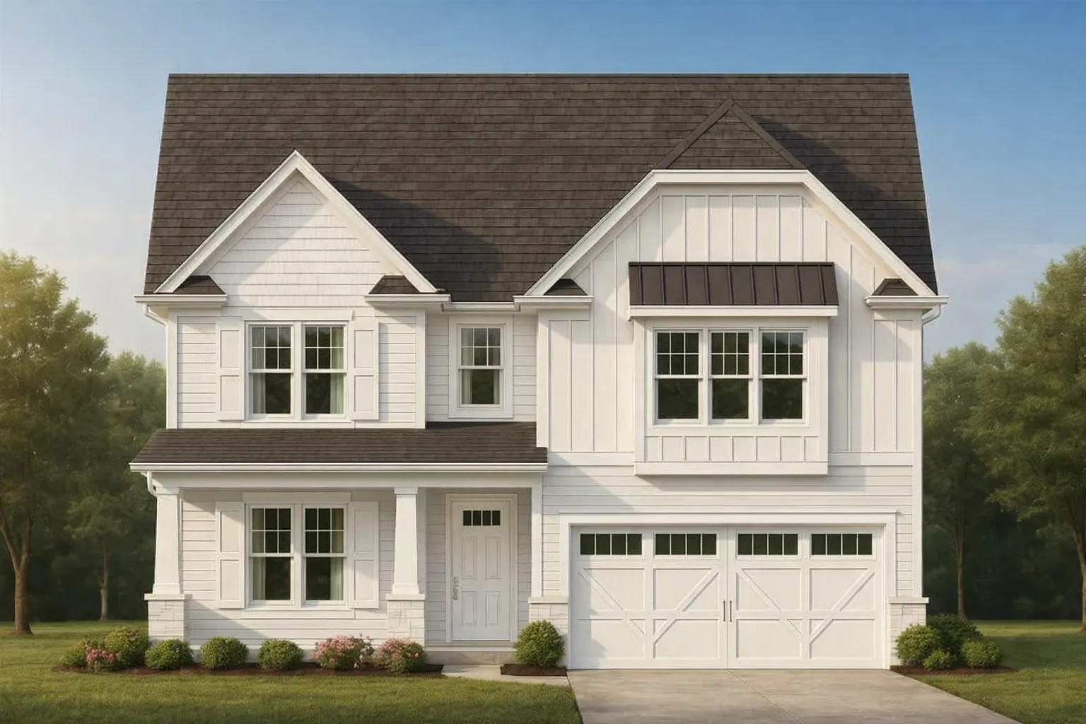 Front view of a Modern Farmhouse style home featuring board and batten siding, stone accents, and traditional Craftsman detailing with a gabled roofline.
