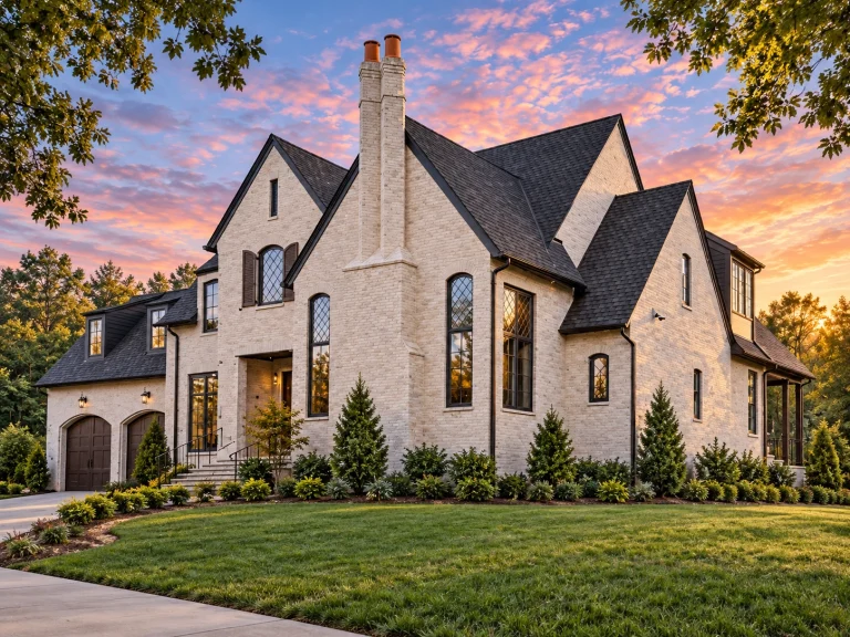 Front view of Tudor Revival style brick home featuring steep gables, tall chimney, arched windows, and double wooden garage doors