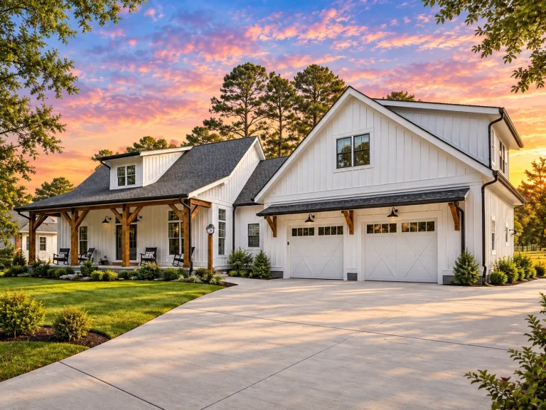 Front elevation of a Modern Farmhouse style home featuring board and batten siding, covered front porch, and attached two-car garage