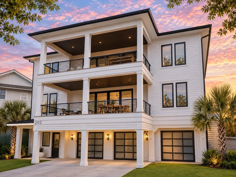 Classic Suburban House Plans 6 Front elevation of a modern coastal Low Country style townhome with horizontal siding, stone base, stacked balconies, and three-car garage layout