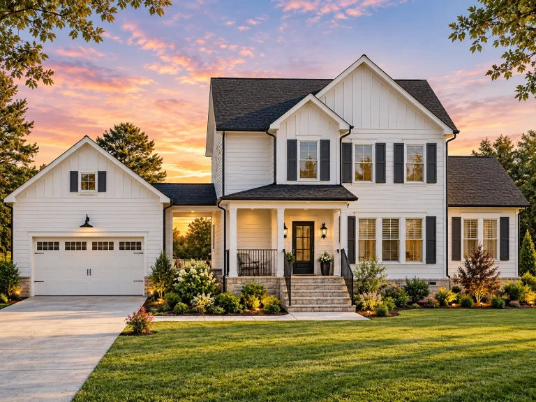 Front elevation of a New American style home with Colonial Revival details, horizontal siding, board-and-batten accents, and a covered front porch