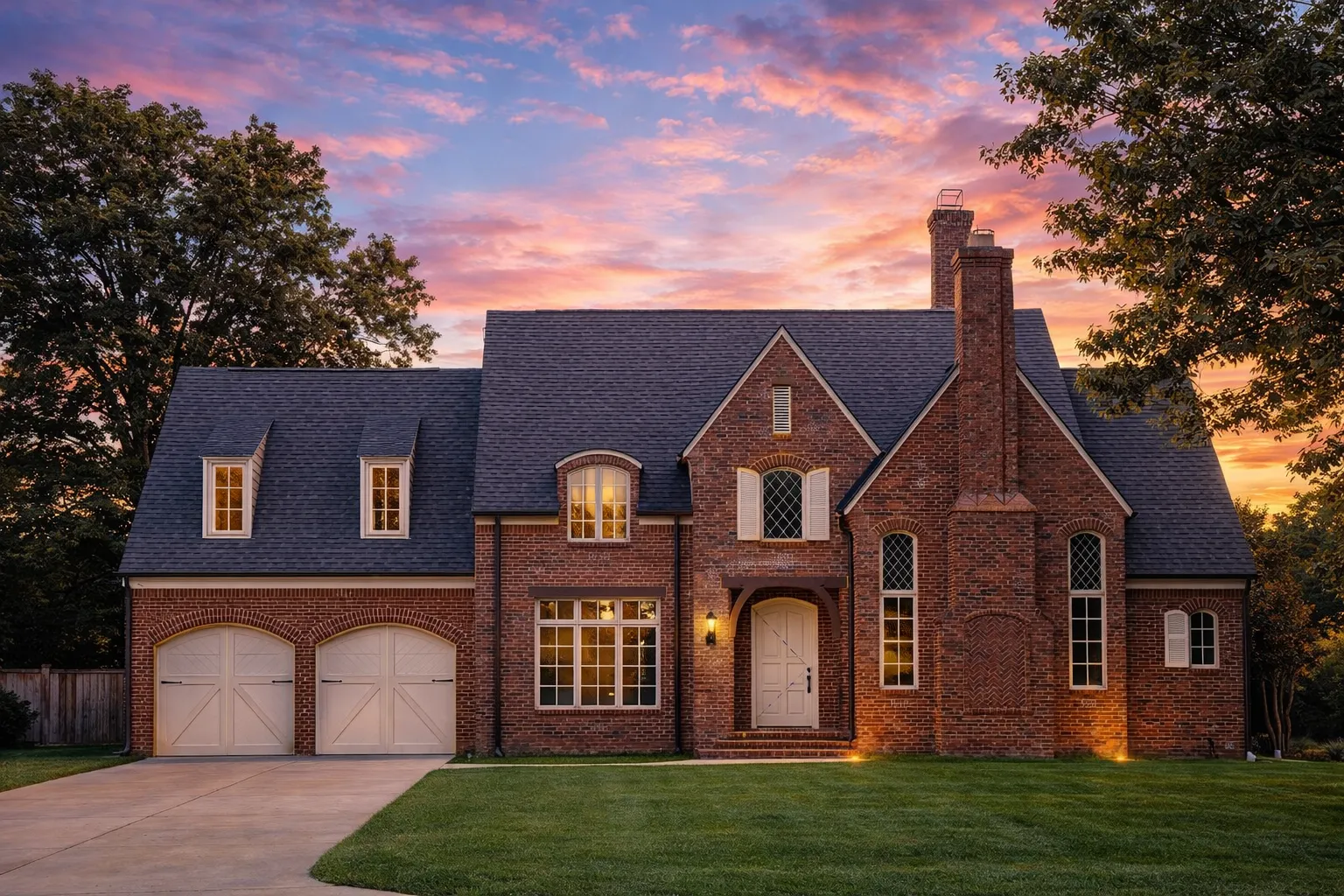 Front view of Tudor Revival style brick home featuring steep gables, tall chimney, arched windows, and double wooden garage doors