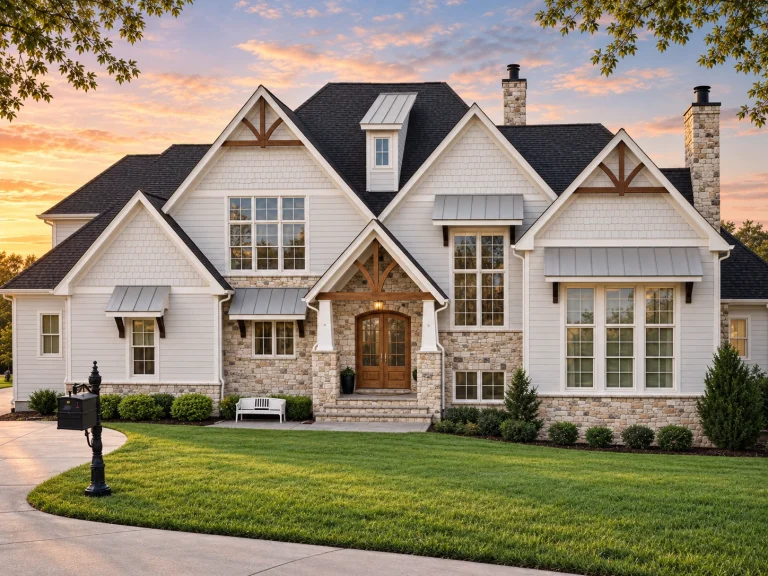 Affordable House Plans 3 Front elevation of a New American farmhouse style home featuring white board and batten siding, stone accents, steep gables, and large grid windows