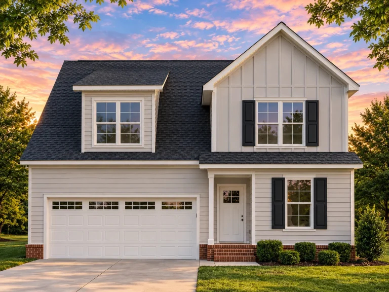 Front exterior of a Modern Farmhouse with board and batten siding, horizontal lap panels, black trim windows, and covered porch entry