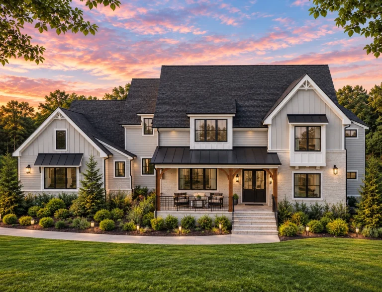 House Plans with Pools 18 Front elevation of a Modern Farmhouse New American style home with board and batten siding, stone accents, black windows, and classic gabled rooflines