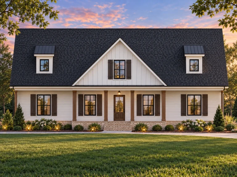 Front view of a Modern Farmhouse Cape Cod style home featuring white board and batten siding, black shutters, and a welcoming covered porch entry