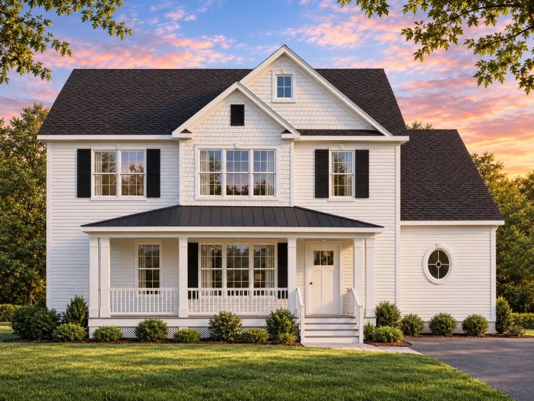 Front elevation of a Traditional Colonial style home with horizontal siding, symmetrical windows, and a covered front porch