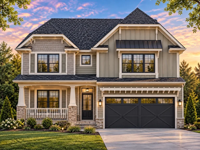 Front view of a Modern Farmhouse style home featuring board and batten siding, stone accents, and traditional Craftsman detailing with a gabled roofline.