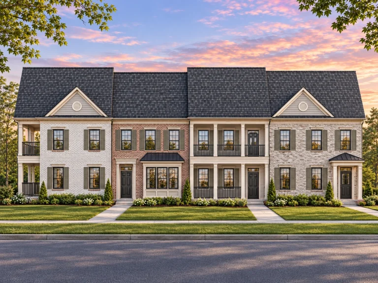 Front elevation of a Georgian Colonial townhome featuring brick and siding exterior, symmetrical windows, and classic black shutters.