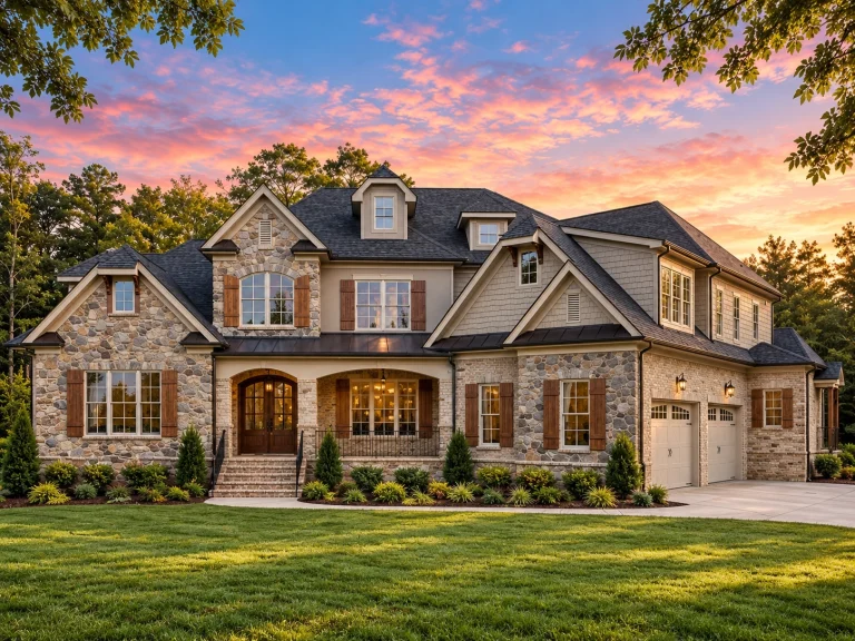 Front elevation of a New American style home featuring brick exterior, stone accents, symmetrical windows, and traditional colonial architecture