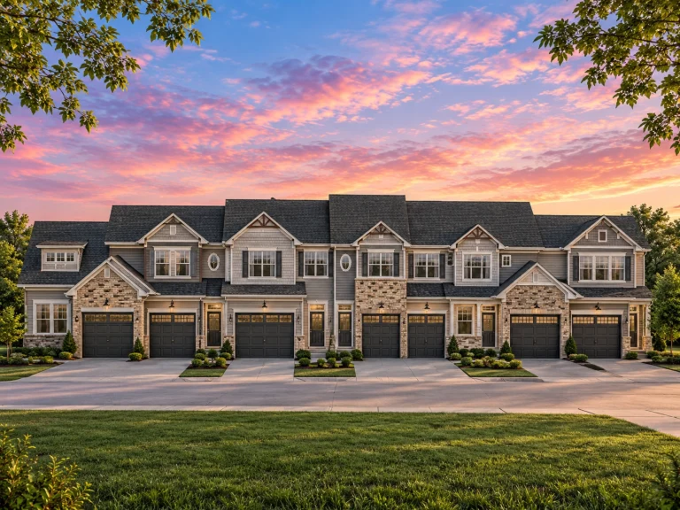 House Plans with Functional Layout 16 Front elevation of a Traditional Suburban New American townhome featuring brick, horizontal siding, board-and-batten accents, and symmetrical garage-forward design