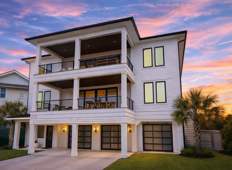 Front elevation of a modern coastal Low Country style townhome with horizontal siding, stone base, stacked balconies, and three-car garage layout