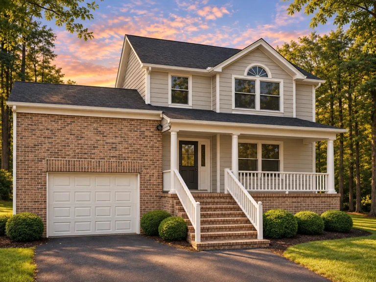 Transitional Ranch House Plans 20 Front elevation of a Traditional Colonial style home featuring red brick and horizontal siding, an inviting covered porch, and upper gable windows.