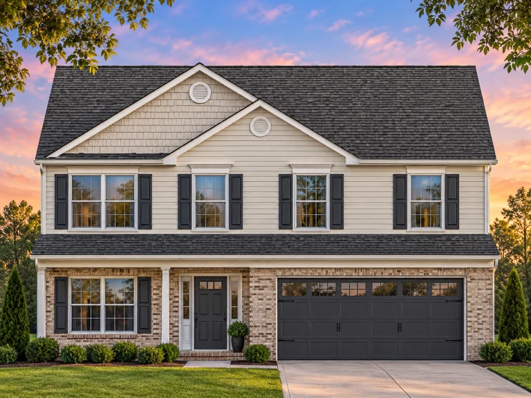 Triplex House Plans 19 Front elevation of a Traditional Colonial style two-story home featuring beige horizontal siding, brick accents, dark shutters, and a two-car garage