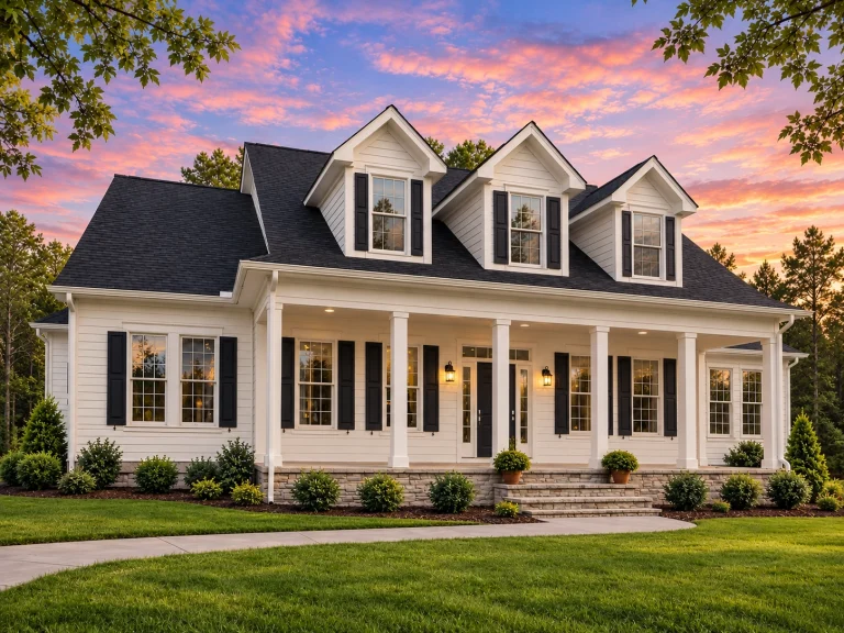 Affordable House Plans 4 Front exterior view of a Southern Farmhouse style home featuring stone foundation, horizontal siding, and a large covered porch with white columns.
