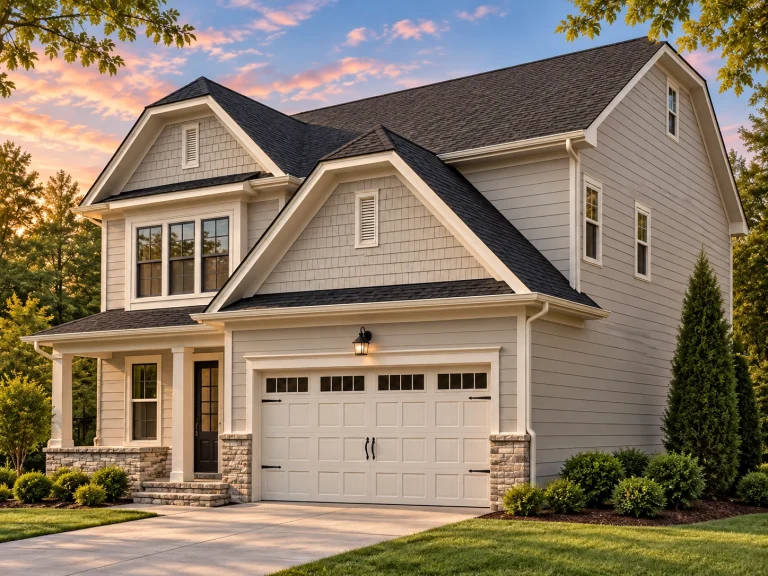 House Plans with Outdoor Kitchen 22 Front view of a Traditional Transitional style suburban home featuring horizontal lap siding, brick accents, and gable shingle details above a two-car garage.