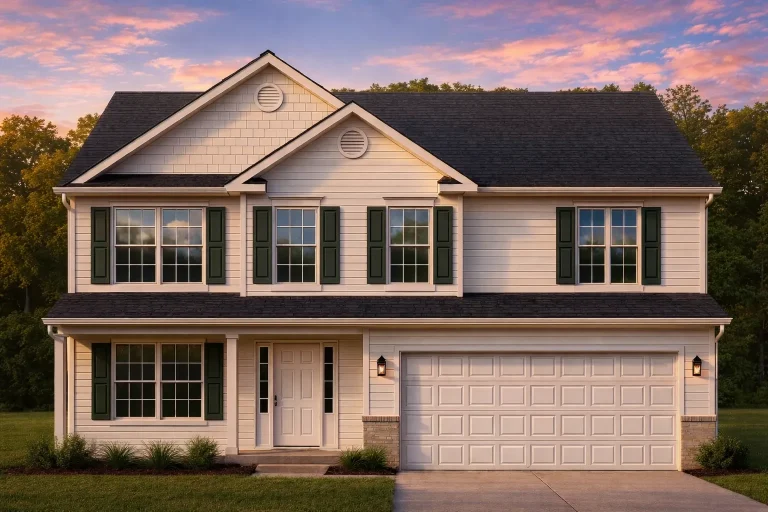 Front elevation of a Traditional Colonial style two-story home featuring beige horizontal siding, brick accents, dark shutters, and a two-car garage
