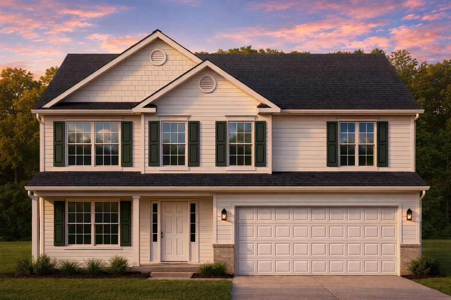 4 Bedroom House Plans 16 Front elevation of a Traditional Colonial style two-story home featuring beige horizontal siding, brick accents, dark shutters, and a two-car garage