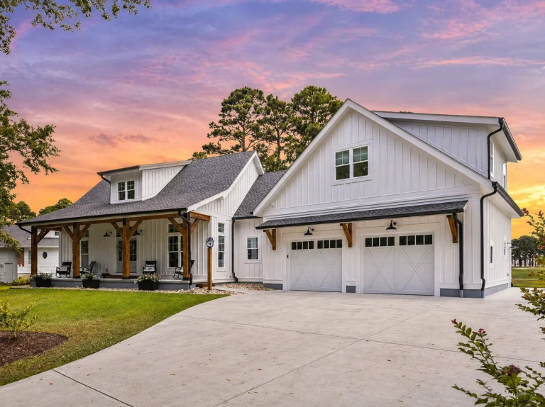 Front elevation of a Modern Farmhouse style home featuring board and batten siding, covered front porch, and attached two-car garage