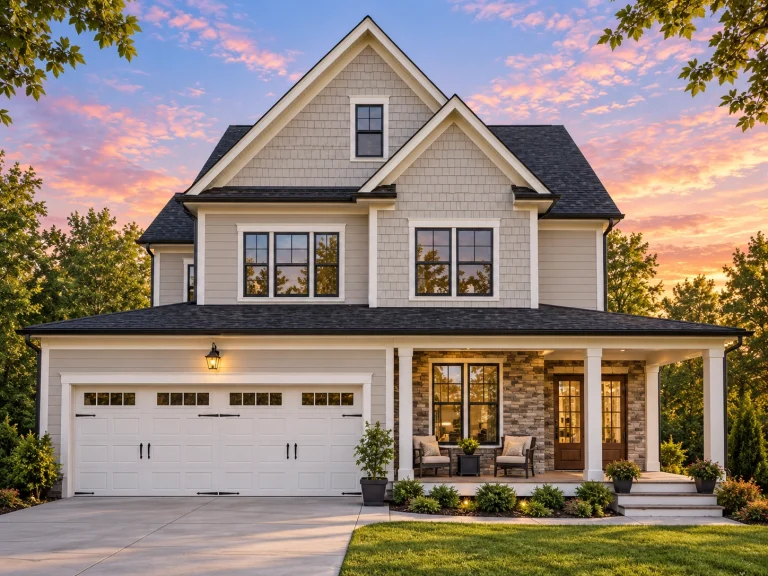 House Plans with Outdoor Kitchen 15 Front elevation of a New American Modern Traditional house with horizontal siding, gabled rooflines, and a welcoming covered front porch