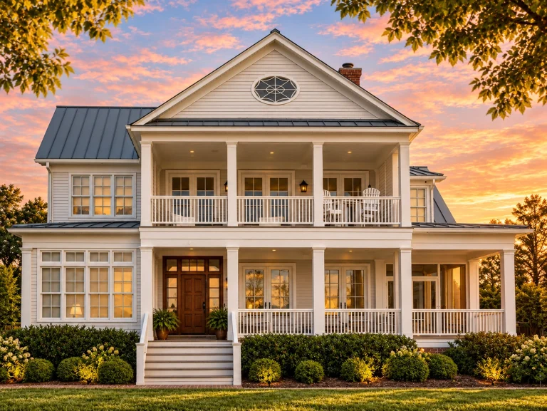 Front elevation of a Low Country Coastal style home with double stacked porches, lap siding, and classical Southern symmetry