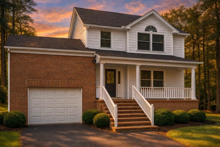 Front elevation of a Traditional Colonial style home featuring red brick and horizontal siding, an inviting covered porch, and upper gable windows.