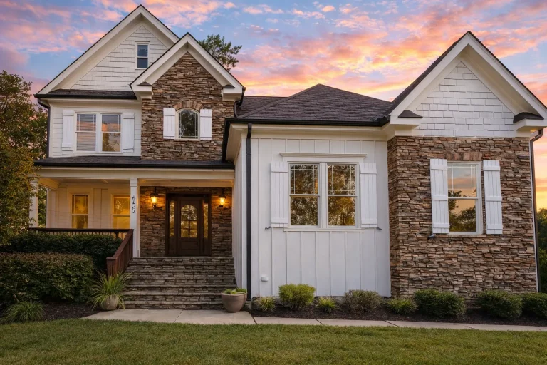 Garage Workshop Plans 12 Front elevation of a New American Craftsman style home featuring stone veneer, board-and-batten siding, gabled rooflines, and welcoming entry porch