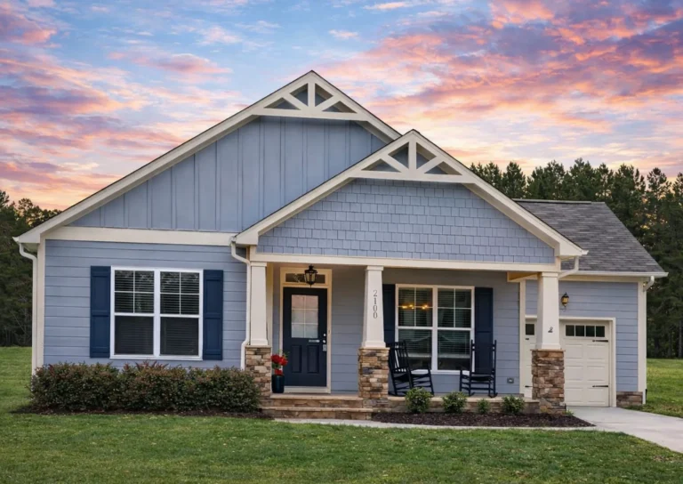 Front view of Craftsman ranch style home with board-and-batten gables, horizontal lap siding, stone water table, covered front porch, and single-car garage