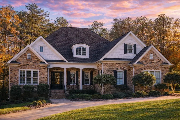 Front elevation of New American style home with horizontal siding, stone accents, steep gable roof, and covered porch