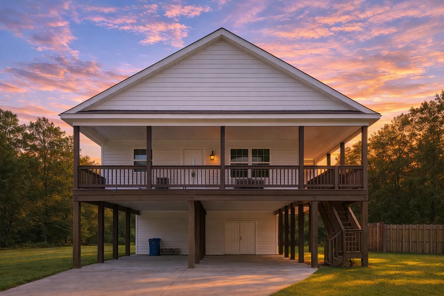 Front elevation of an elevated Coastal Low Country beach house featuring horizontal siding, wide porch, and raised pier foundation